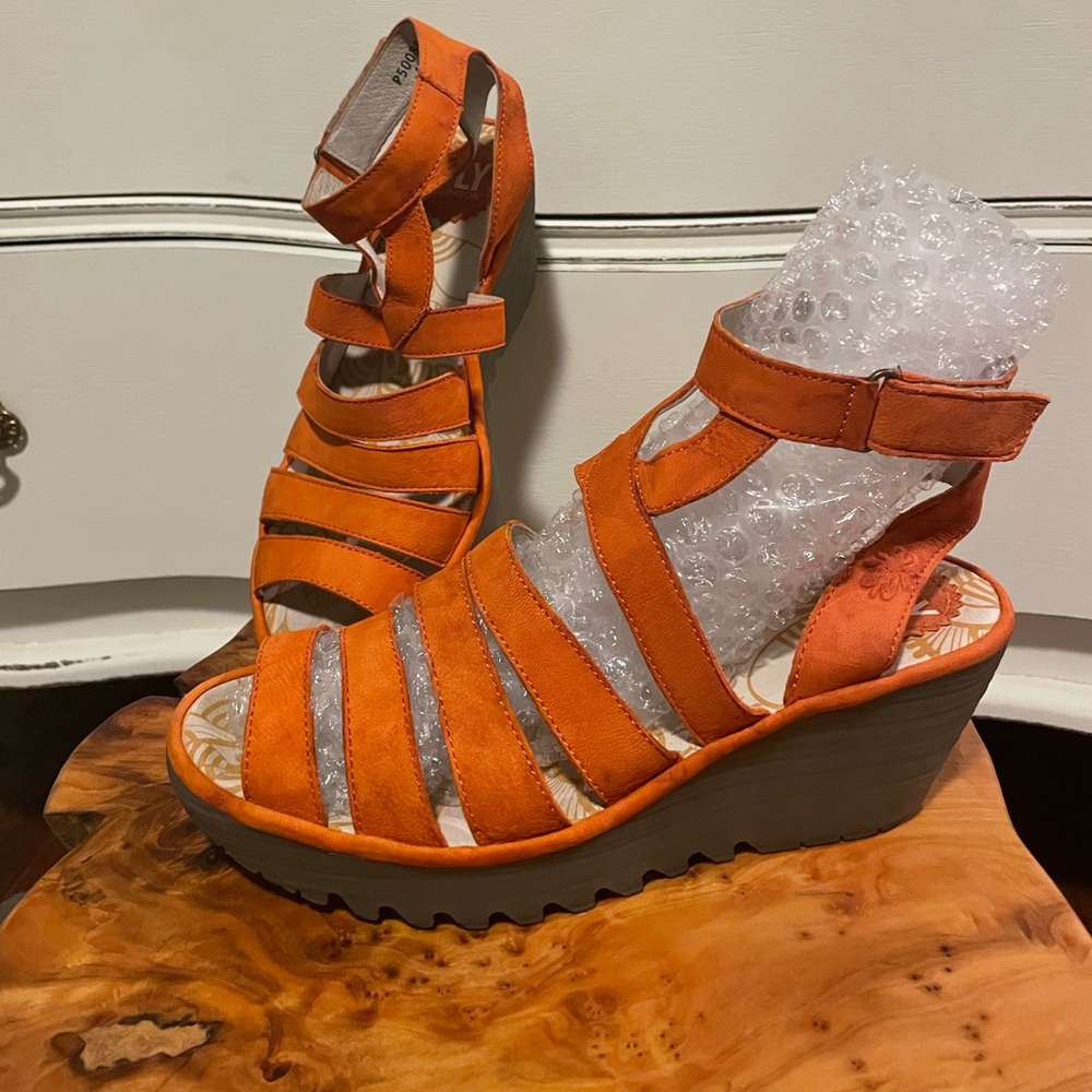 Fly London Orange Wedge Sandals
